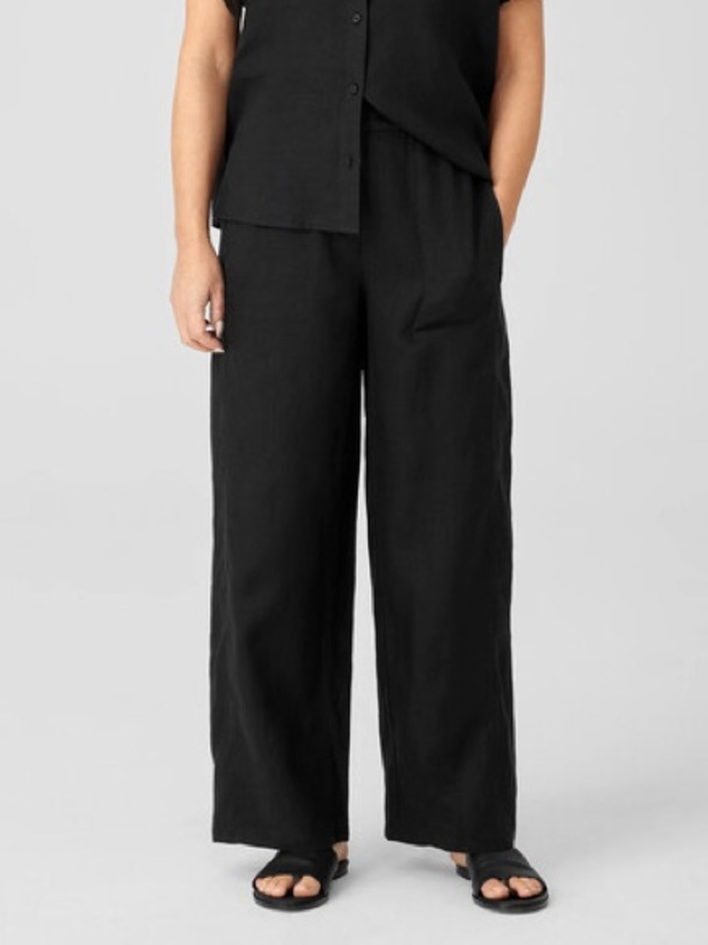 Eileen Fisher Black Organic Linen Elastic Waist Pants Size Large